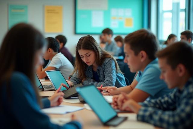 Students engaged in blended learning with tablets and traditional notebooks