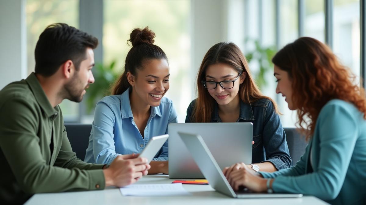 Diverse group of educators collaboratively evaluating e-learning platforms on laptops and tablets