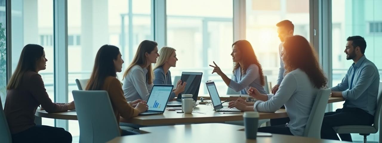 Diverse team collaborating on educational technology in a modern office.
