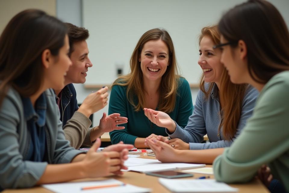 Group of diverse teachers engaging in a lively professional development discussion